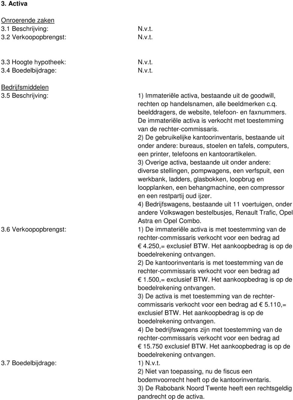 De immateriële activa is verkocht met toestemming van de rechter-commissaris.