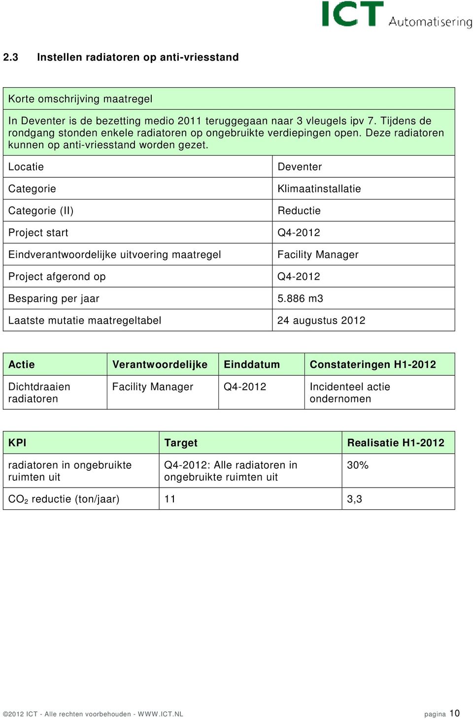 Deventer Klimaatinstallatie Project start Q4-2012 Facility Manager Project afgerond op Q4-2012 5.
