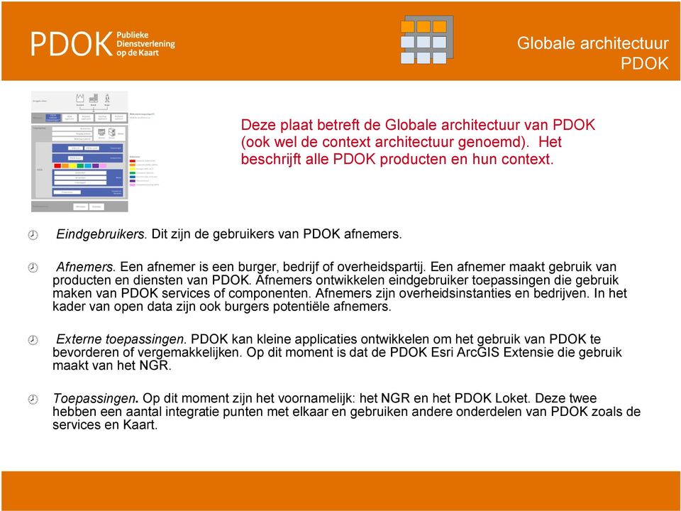 Afnemers ontwikkelen eind gebruiker toepassingen die gebruik maken van PDOK services of co mponenten. Afnemers zijn overhei dsinstanties en bedr ijven.