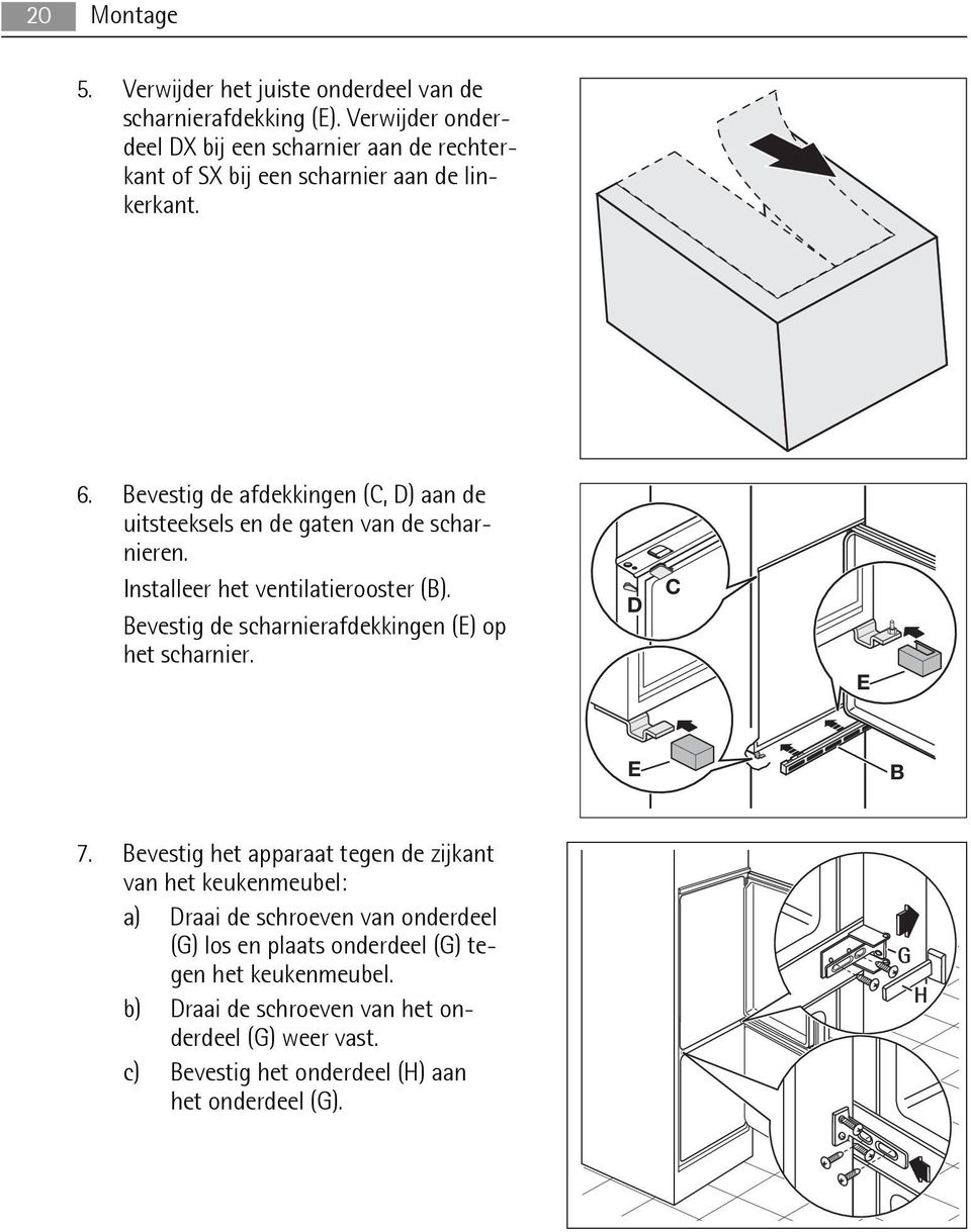 Bevestig de afdekkingen (C, D) aan de uitsteeksels en de gaten van de scharnieren. Installeer het ventilatierooster (B).