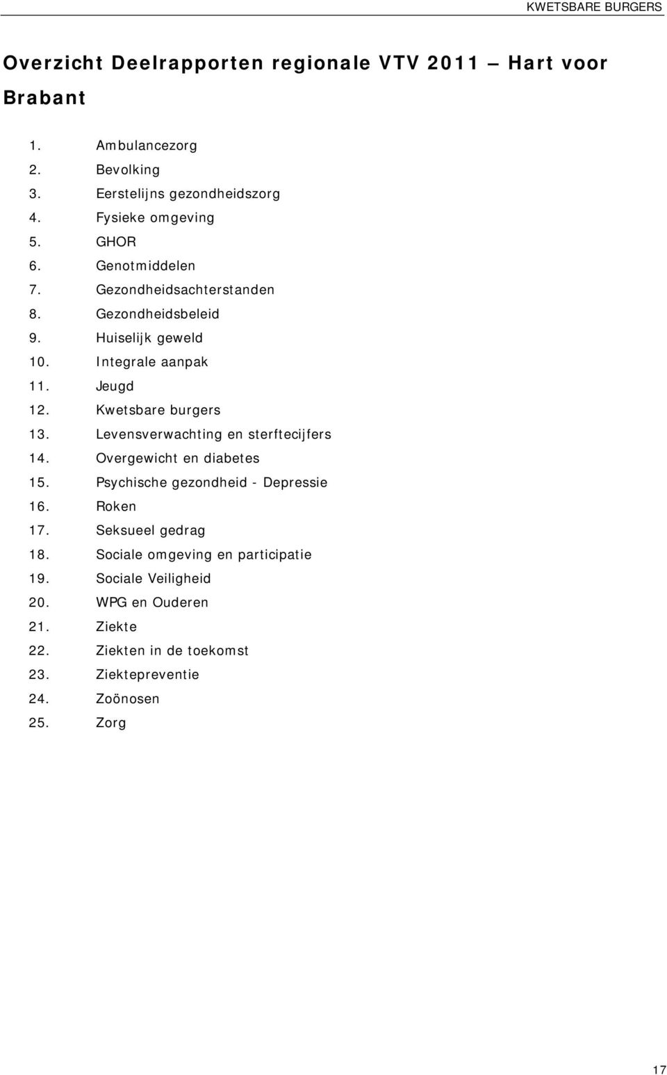 Kwetsbare burgers 13. Levensverwachting en sterftecijfers 14. Overgewicht en diabetes 15. Psychische gezondheid - Depressie 16. Roken 17.