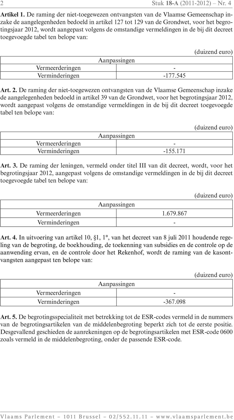 omstandige vermeldingen in de bij dit decreet toegevoegde tabel ten belope van: Aanpassingen Vermeerderingen - Verminderingen -177.545 (duizend euro) Art. 2.