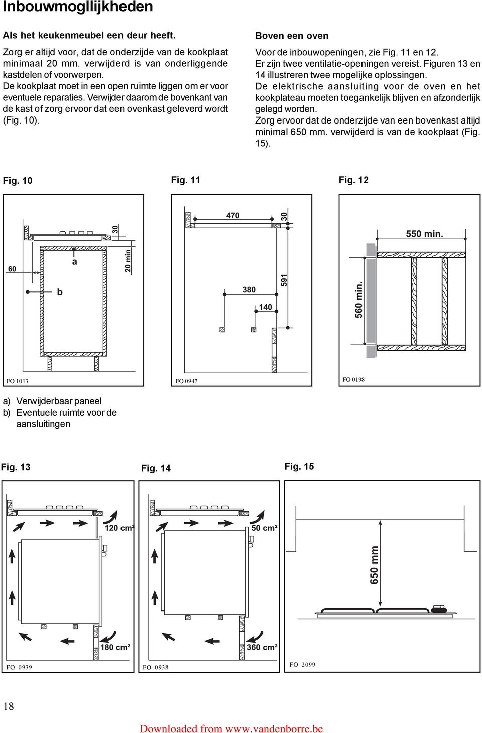 Boven een oven Voor de inbouwopeningen, zie Fig. 11 en 12. Er zijn twee ventilatie-openingen vereist. Figuren 13 en 14 illustreren twee mogelijke oplossingen.