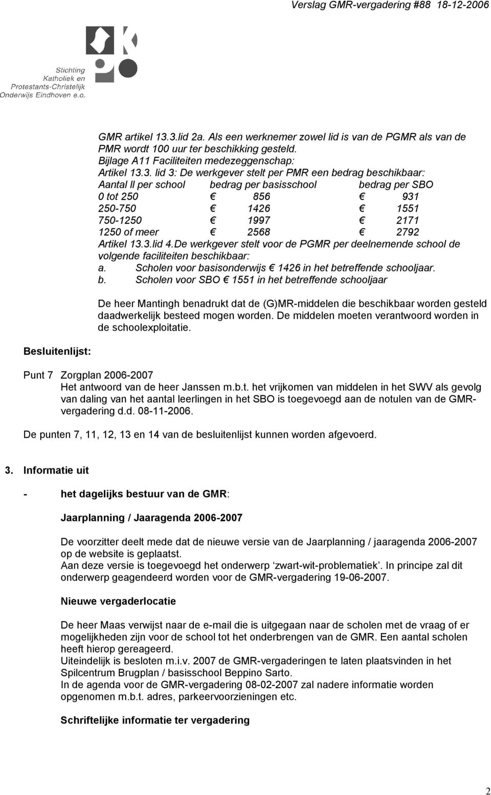 een bedrag beschikbaar: Aantal ll per school bedrag per basisschool bedrag per SBO 0 tot 250 856 931 250-750 1426 1551 750-1250 1997 2171 1250 of meer 2568 2792 Artikel 13.3.lid 4.