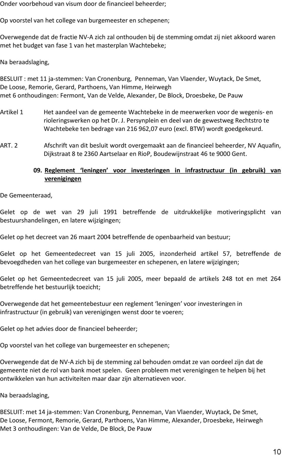 Gerard, Parthoens, Van Himme, Heirwegh met 6 onthoudingen: Fermont, Van de Velde, Alexander, De Block, Droesbeke, De Pauw Artikel 1 ART.