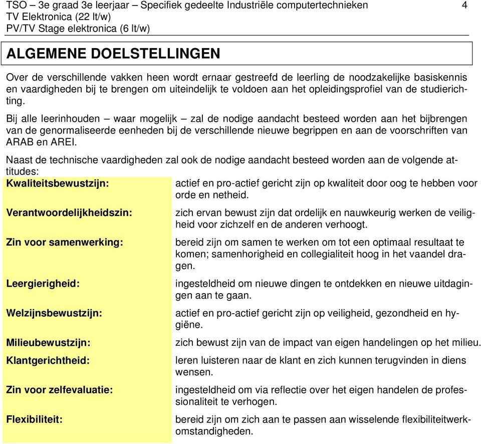 Bij alle leerinhouden waar mogelijk zal de nodige aandacht besteed worden aan het bijbrengen van de genormaliseerde eenheden bij de verschillende nieuwe begrippen en aan de voorschriften van ARAB en