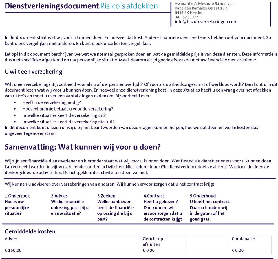 In dit document beschrijven we wat we normaal gesproken doen en wat de gemiddelde prijs is van deze diensten. Deze informatie is dus niet specifieke afgestemd op uw persoonlijke situatie.