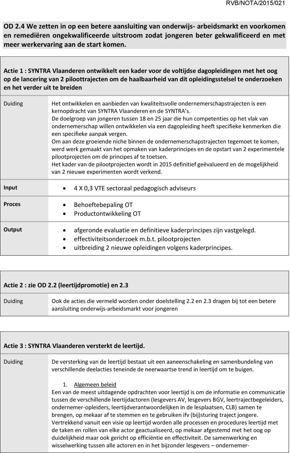 Actie 1 : SYNTRA Vlaanderen ontwikkelt een kader voor de voltijdse dagopleidingen met het oog op de lancering van 2 piloottrajecten om de haalbaarheid van dit opleidingsstelsel te onderzoeken en het