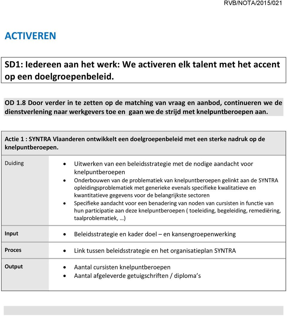 Actie 1 : SYNTRA Vlaanderen ontwikkelt een doelgroepenbeleid met een sterke nadruk op de knelpuntberoepen.