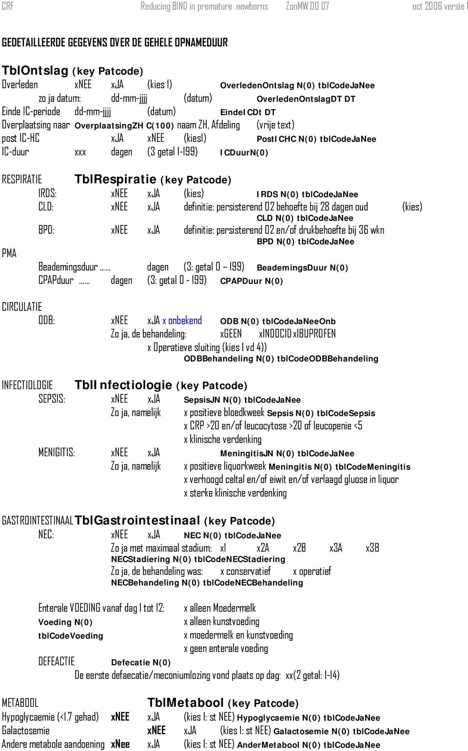 1-199) ICDuurN(0) RESPIRATIE TblRespiratie (key Patcode) IRDS: xnee xja (kies) IRDS N(0) tblcodejanee CLD: xnee xja definitie: persisterend O2 behoefte bij 28 dagen oud CLD N(0) tblcodejanee (kies)