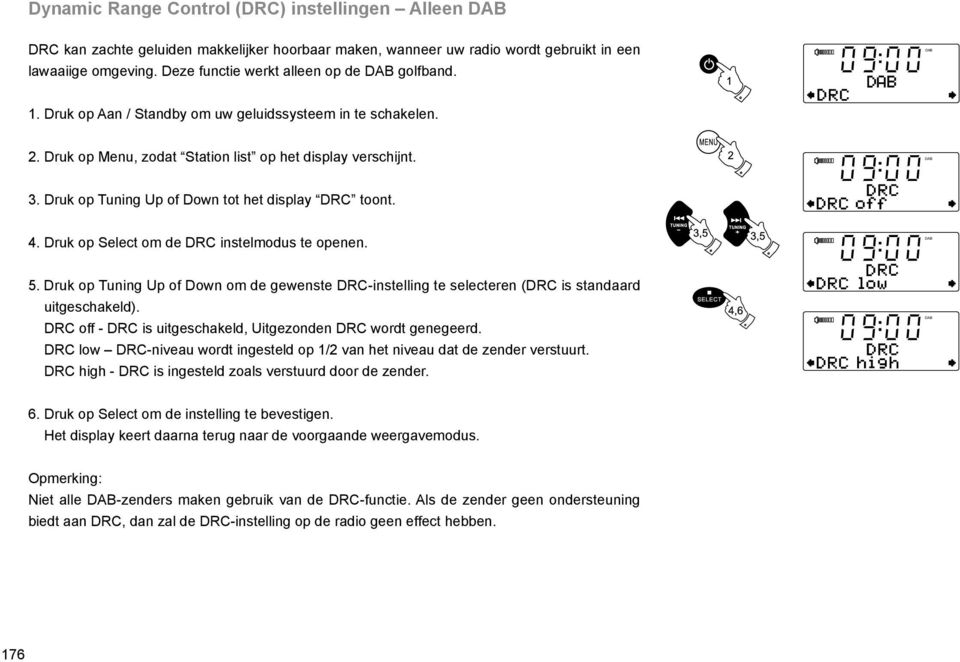 Druk op Select om de DRC instelmodus te openen. 5. Druk op Tuning Up of Down om de gewenste DRC-instelling te selecteren (DRC is standaard uitgeschakeld).