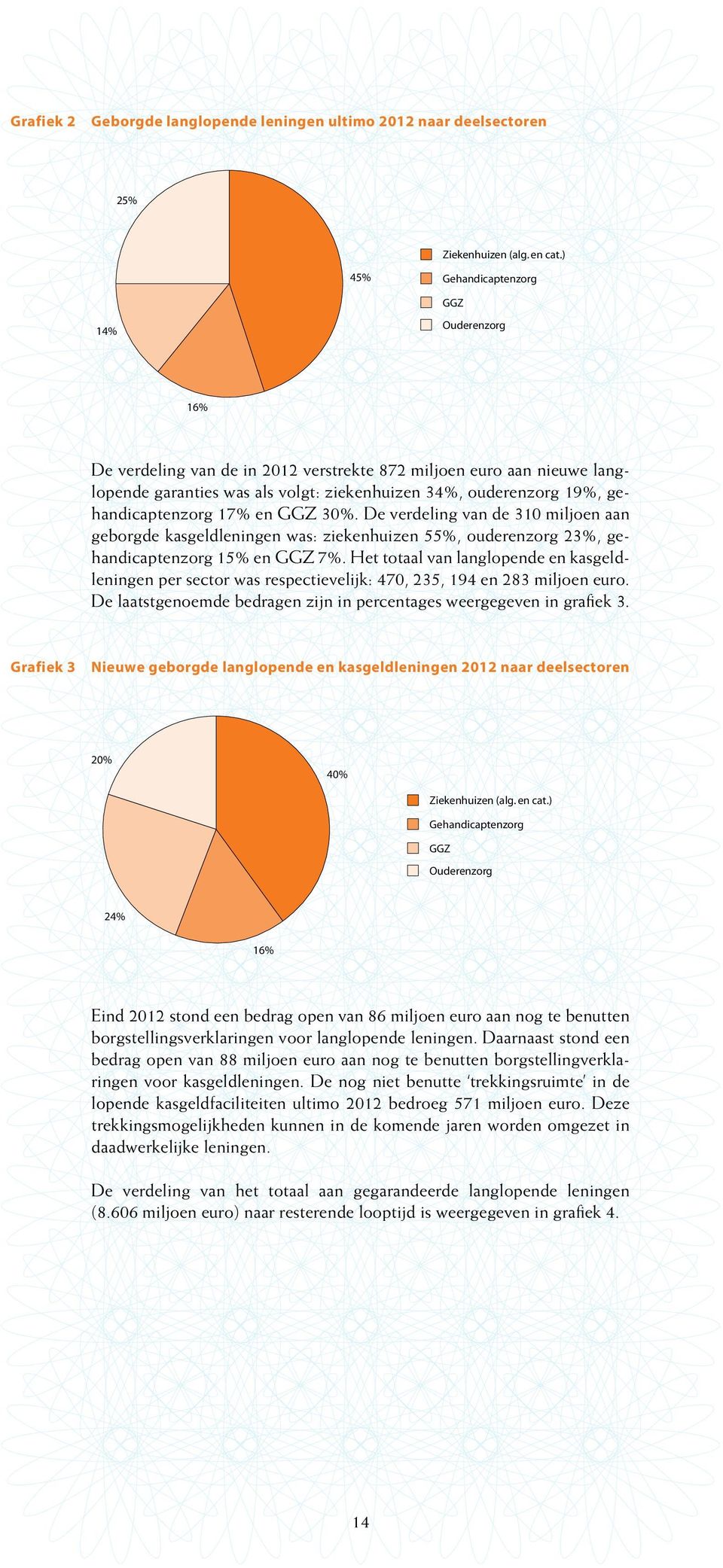 gehandicaptenzorg 17% en GGZ 30%. De verdeling van de 310 miljoen aan geborgde kasgeldleningen was: ziekenhuizen 55%, ouderenzorg 23%, gehandicaptenzorg 15% en GGZ 7%.