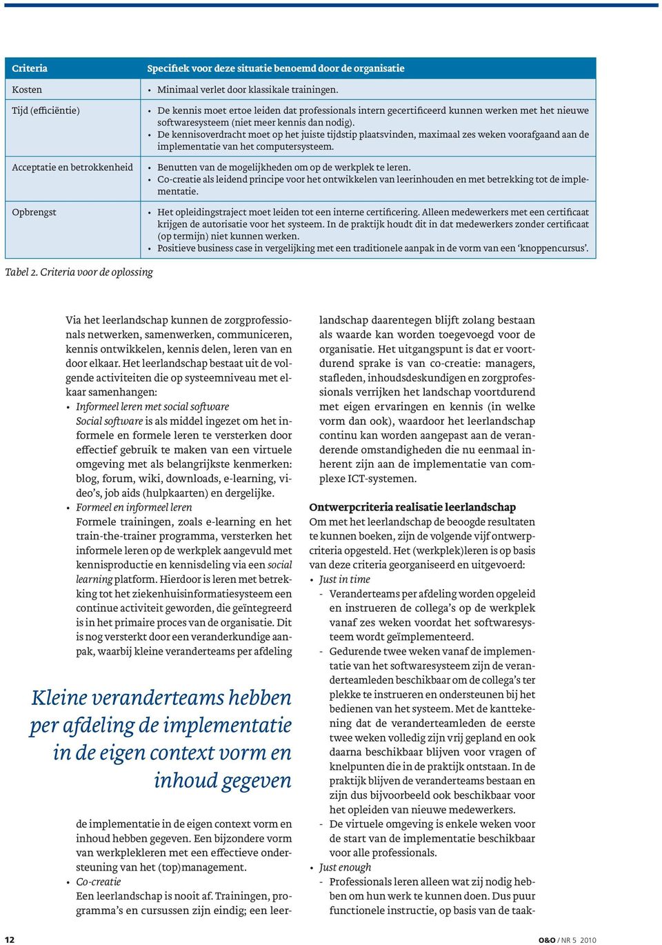 De kennisoverdracht moet op het juiste tijdstip plaatsvinden, maximaal zes weken voorafgaand aan de implementatie van het computersysteem. Benutten van de mogelijkheden om op de werkplek te leren.