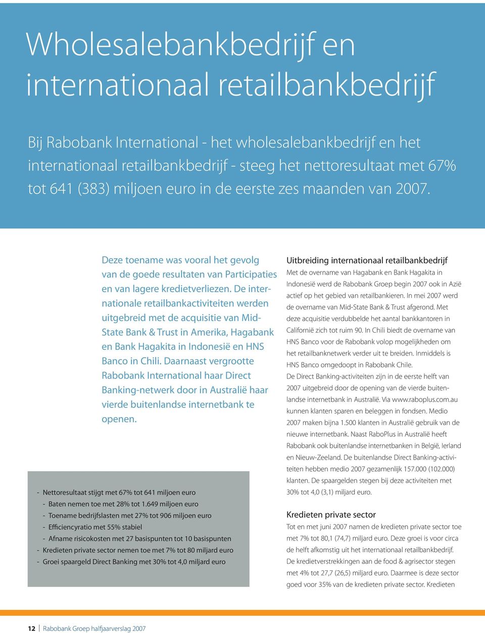 De internationale retailbankactiviteiten werden uitgebreid met de acquisitie van Mid- State Bank & Trust in Amerika, Hagabank en Bank Hagakita in Indonesië en HNS Banco in Chili.