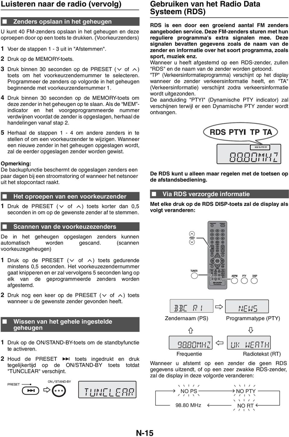 Programmeer de zenders op volgorde in het geheugen beginnende met voorkeurzendernummer 1. 4 Druk binnen 30 seconden op de MEMORY-toets om deze zender in het geheugen op te slaan.