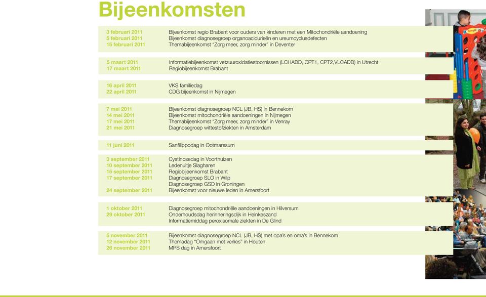 Brabant 16 april 2011 VKS familiedag 22 april 2011 CDG bijeenkomst in Nijmegen 7 mei 2011 Bijeenkomst diagnosegroep NCL (JB, HS) in Bennekom 14 mei 2011 Bijeenkomst mitochondriële aandoeningen in