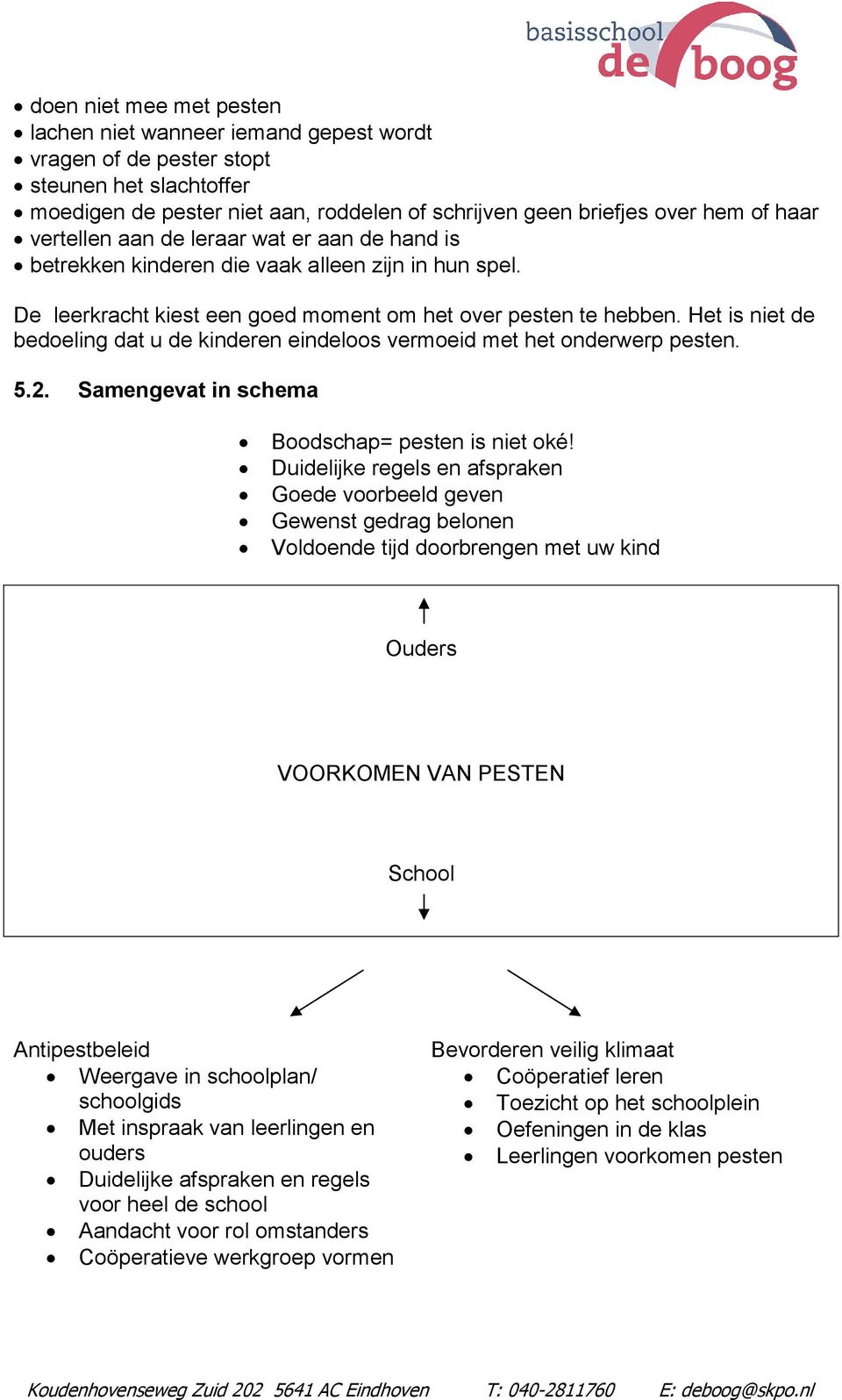 Het is niet de bedoeling dat u de kinderen eindeloos vermoeid met het onderwerp pesten. 5.2. Samengevat in schema Boodschap= pesten is niet oké!