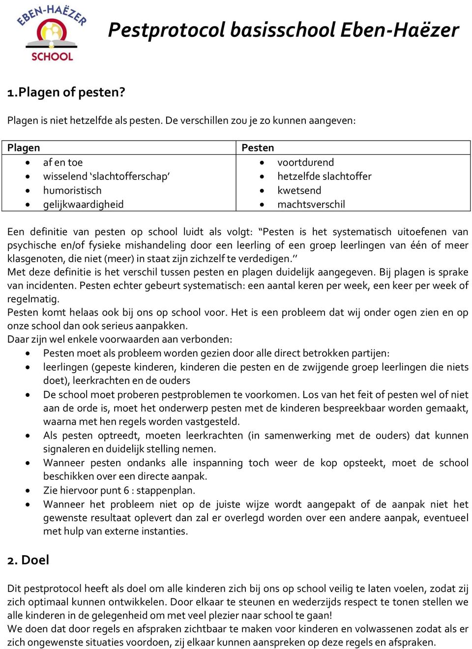 pesten op school luidt als volgt: Pesten is het systematisch uitoefenen van psychische en/of fysieke mishandeling door een leerling of een groep leerlingen van één of meer klasgenoten, die niet