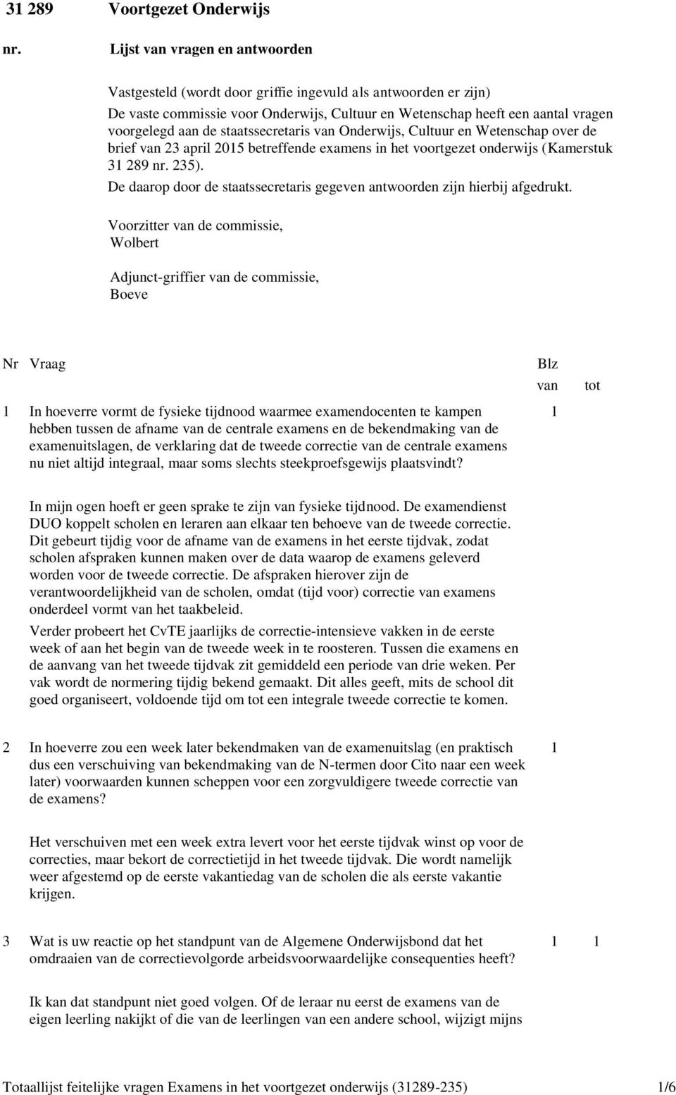 staatssecretaris van Onderwijs, Cultuur en Wetenschap over de brief van 3 april 015 betreffende examens in het voortgezet onderwijs (Kamerstuk 31 89 nr. 35).