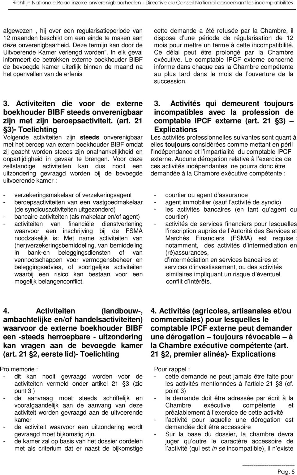 période de régularisation de 12 mois pour mettre un terme à cette incompatibilité. Ce délai peut être prolongé par la Chambre exécutive.