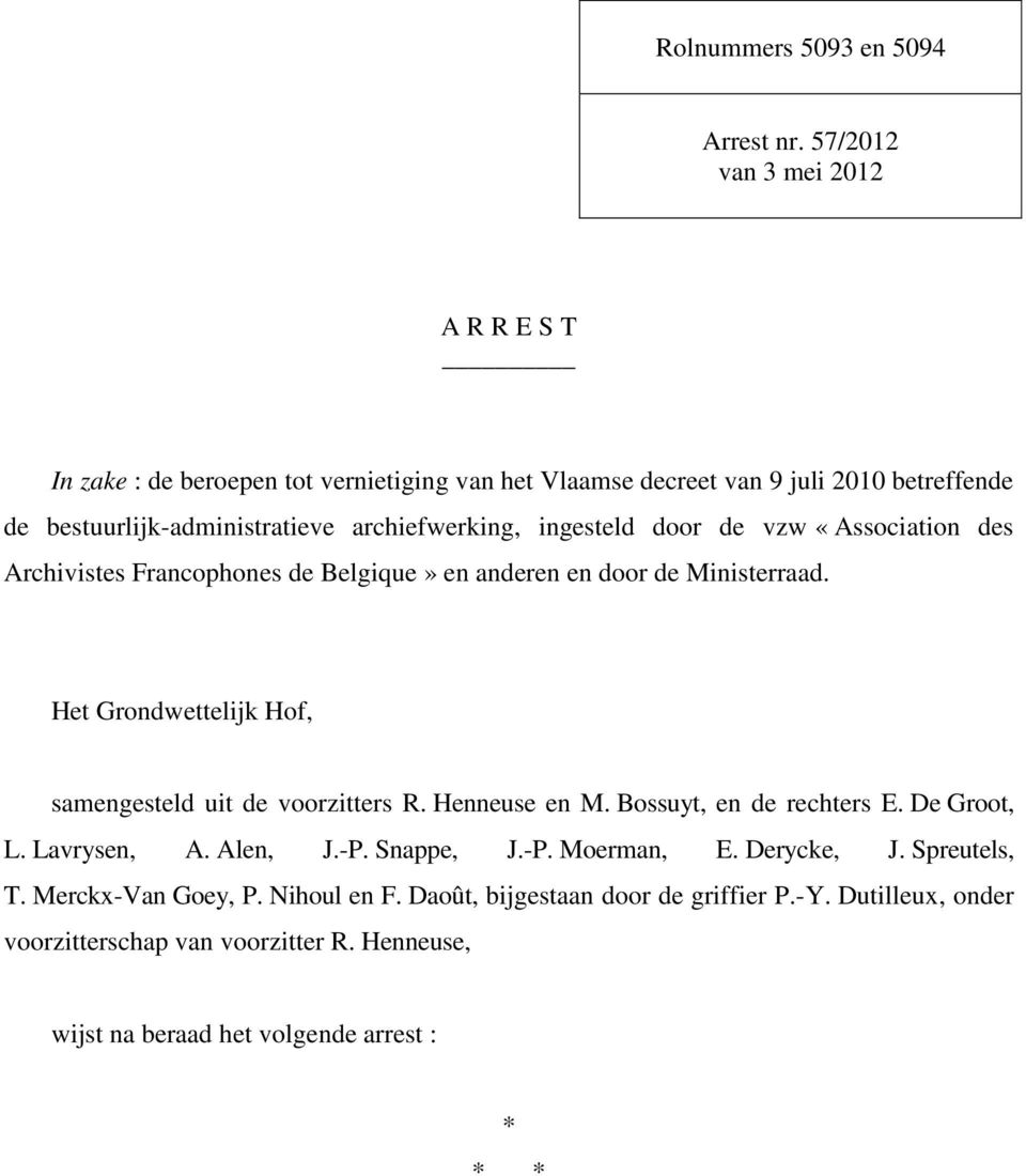 ingesteld door de vzw «Association des Archivistes Francophones de Belgique» en anderen en door de Ministerraad. Het Grondwettelijk Hof, samengesteld uit de voorzitters R.