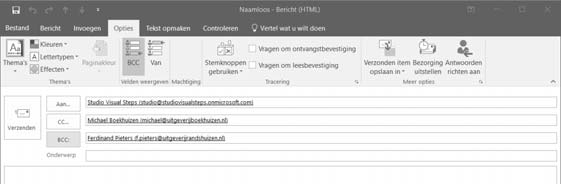 58 Cursusboek MOS Outlook 2016 en 2013 Klik, indien nodig, op, Je voegt het e-mailadres van een fictieve contactpersoon toe:,, Het is ook mogelijk om een BCC-veld toe te voegen.