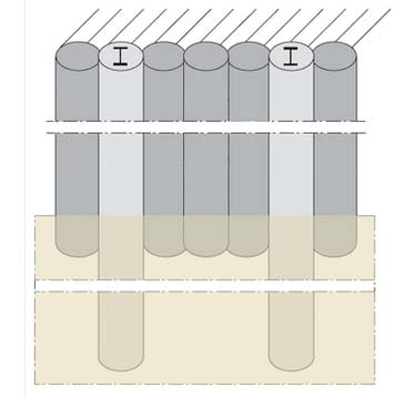 Afb. 3 Overzicht van de uitvoering van een gestaffelde secanspalenwand waarbij er meerdere palen korter uitgevoerd worden tussen twee langere secundaire palen. 10.