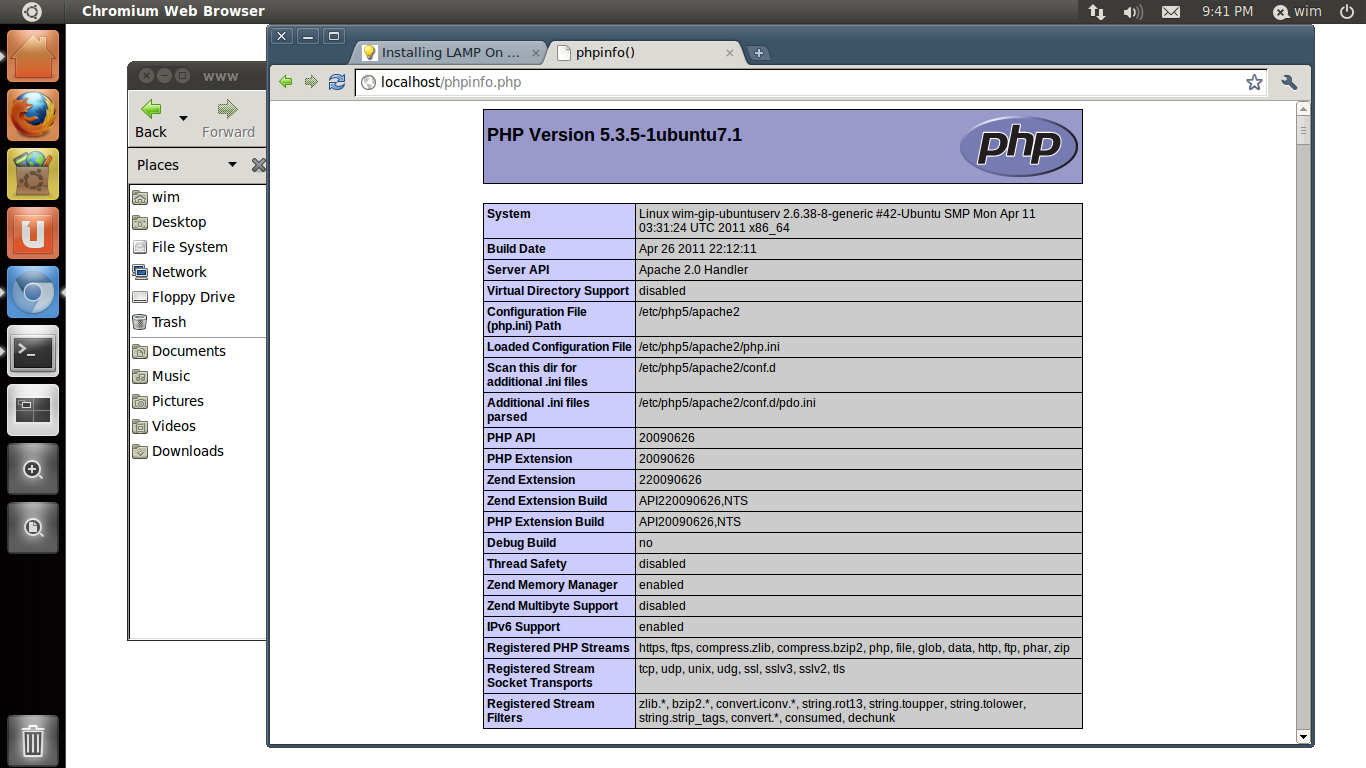 Screenshot 8: We maken een phpinfo() file om onze php-installatie te testen. Screenshot 9: We slagen de phpinfo() file op in '/var/www/phpinfo.php'.