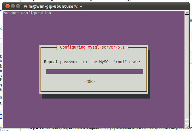 Screenshot 12: We moeten het wachtwoord voor de root user ingeven Screenshot 13: We moeten het wachtwoord voor de MySQL root herhalen Screenshot 14: We intalleren de koppeling tussen MySQL en Apache