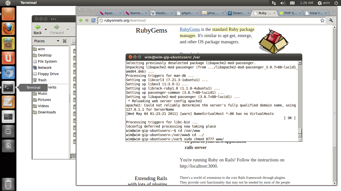 Screenshot 28: We installeren rubygems, de package manager van Ruby. Screenshot 29: We installeren passenger met Apache binding.