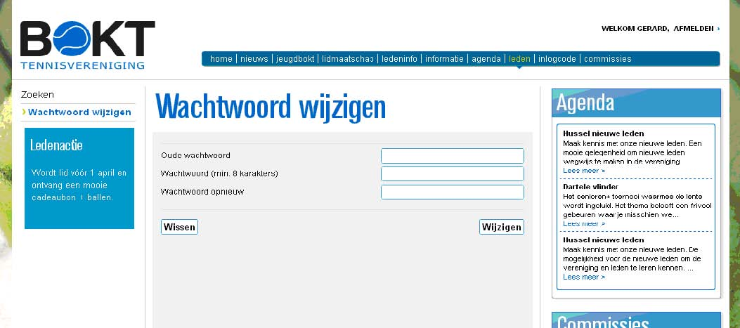 Onder wachtwoord wijzigen kan men het per e-mail toegekende wachtwoord wijzigen in een handzamer wachtwoord naar eigen keuze.