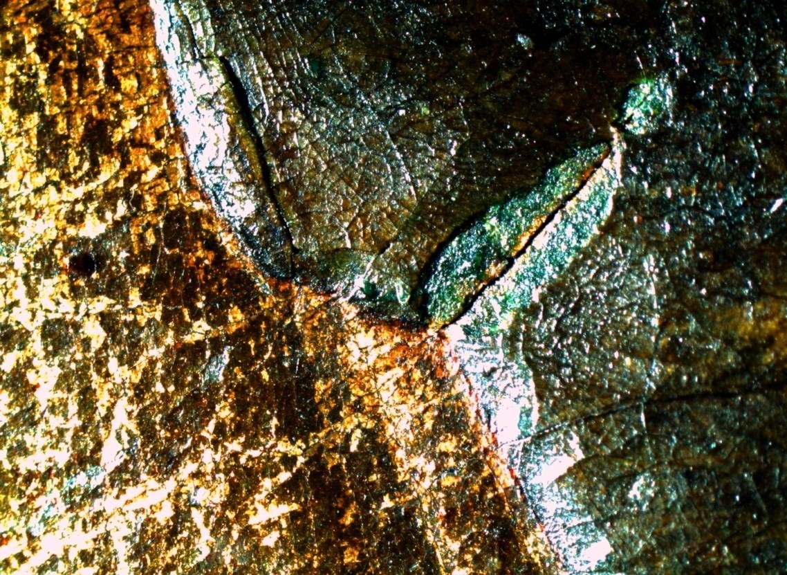Beschadiging / lacune in groen fond: groene kristallen zijn zichtbaar op de goudlaklaag.