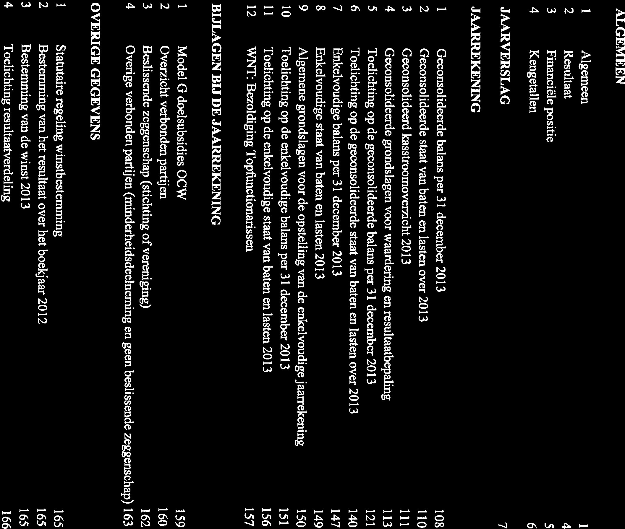 INHOIJDSOPGAVE Pagina ALGEMEEN 1 Algemeen 1 2 Resultaat 4 3 Financiële positie 5 4 Kengetallen 6 JAARVERSLAG 7 JAARREKEN1NG 1 Geconsolideerde balans per 31 december 2013 108 2 Geconsolideerde staat