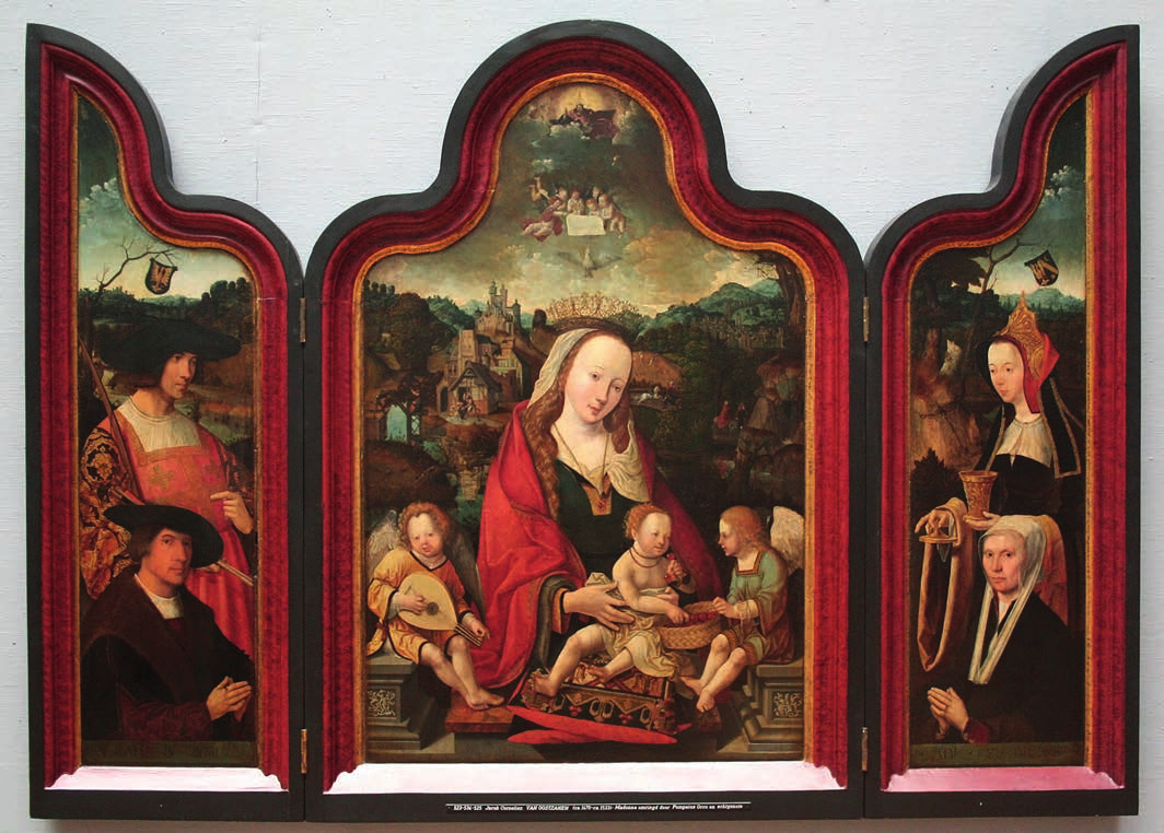 Afb. 4) Jacob Cornelisz. van Oostsanen, drieluik met Maria met Kind en gebedsportretten van Pompeius Occo en zijn vrouw Gerbrich Claesdr., 1515, Antwerpen, Koninklijk Museum voor Schone Kunsten.
