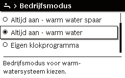 5 Bediening van het hoofdmenu Bediening Klokprogramma voor warmwaterbereiding kiezen en instellen Wanneer de standaardweergave actief is, warmwater-toets indrukken.