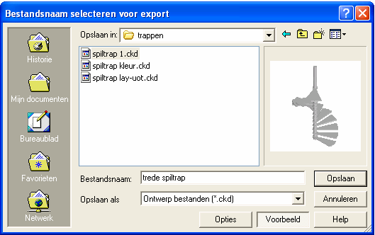 Selecteer op de tekening de trede, klik ok geef het kruisje als basispositie aan Bepaal de plaats en de naam waaronder het bestand dient weggeschreven en druk dan opslaan Delen die men exporteert