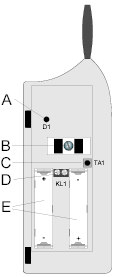 Als u externe NC-contacten gebruikt, dan verbindt u beide kabels (door de openingen naast schroef "B" geleid) met de schroefklem "KL1" (positie "D" in de afbeelding 4). A B C D E Lichtdiode "D1".