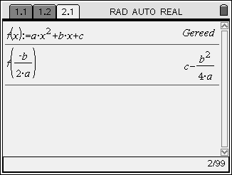 Opdracht 1 Toon aan dat als je b verandert in f(x) = ax² + bx + c de top van de parabool verschuift over de parabool y = c ax. Creëer een nieuwe opgave met daarin een rekenmachinepagina.