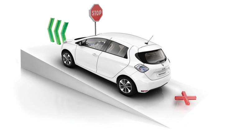 Elektronische trajectcontrole ESC De Electronic Stability Control garandeert de stabiliteit van ZOE, met name in moeilijke rijomstandigheden.