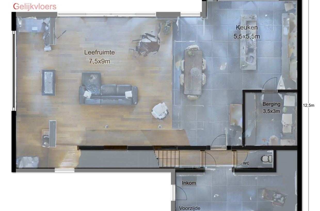 Ligging en indeling Begane grond De zeer ruime inkomhal met gastentoilet en vestiare is voorzien van natuuur stenen vloer. Via openslaande glazen deur toegang tot de sfeervolle leefruimte.