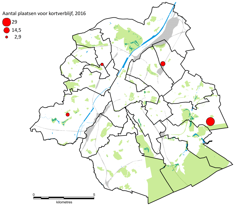 Er zijn slechts in vier gemeenten instellingen voor kortverblijf: Jette, Anderlecht, Evere en Sint-Pieters-Woluwe (kaart 6).