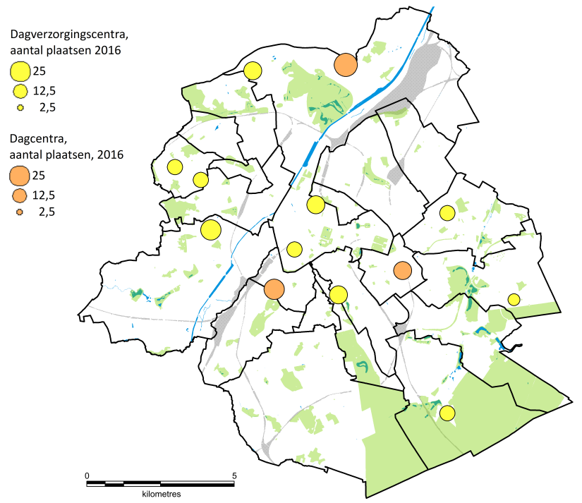 De dagcentra en de dagverzorgingscentra liggen verspreid in het Gewest, er zijn echter ook grote delen van het Gewest waar geen enkele voorziening is: in het noordoosten, het zuiden en het zuidwesten