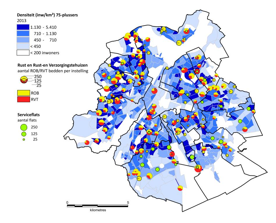 Rekening houdend met de dichtheid van de ouderen (aantal 75-plussers per km² per statistische sector) valt op dat de inplanting van de rusthuizen niet volledig overeenstemt met de werkelijke