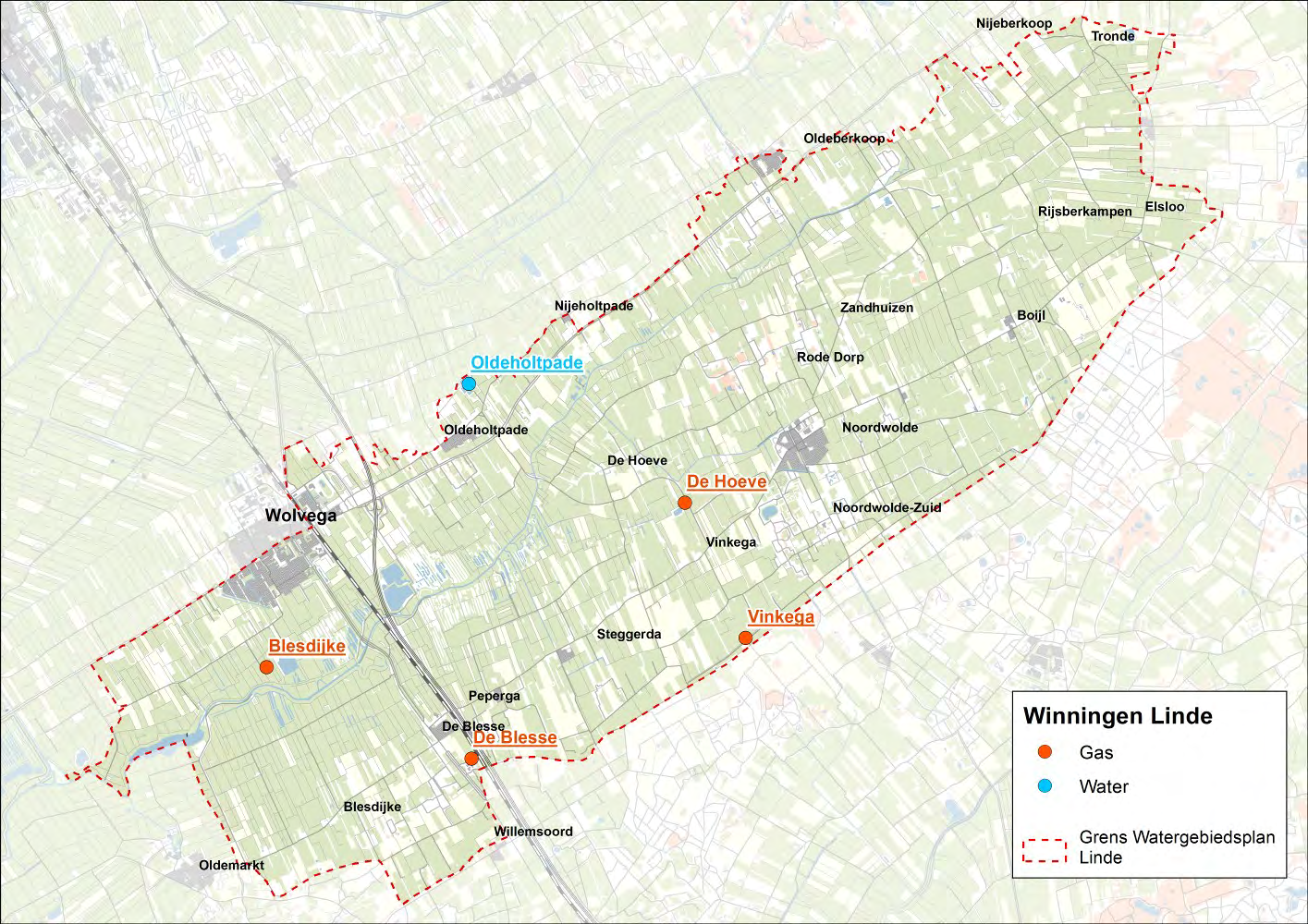 Figuur 2-12: Locatie gaswinningen en drinkwaterwinning Maaivelddaling In een deel van het plangebied bestaat de bodem uit veen.