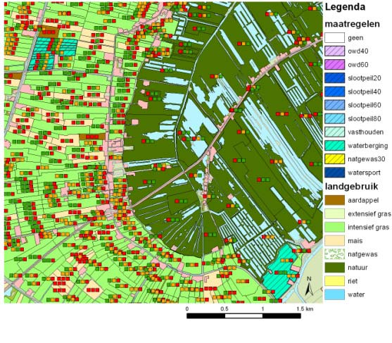 Figuur 7.26 Maatregelen Parallelle sporen met doelrealisaties Scenario 3 Nieuwe wegen In dit scenario blijft niet overal een adequate drooglegging voor de bestaande landbouw gehandhaafd.