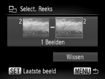 / Alle beelden wissen Druk op de knop n. Wis de beelden. Druk op de knoppen qr of draai aan het keuzewiel Â, selecteer [OK] en druk op de knop m. Select. Reeks Selecteer [Select. Reeks].