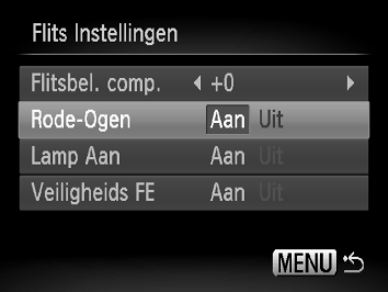 Œ Rode-Ogen Corr. U kunt automatisch rode ogen corrigeren in beelden die met de flitser zijn gemaakt. Selecteer [Flits Instellingen].