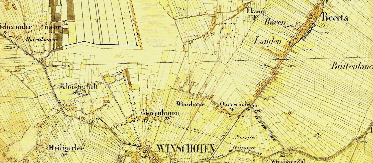 Op de Topographische en Militaire Kaart van het Koningrijk der Nederlanden uit omstreeks 1850 is de opbouw van het landschap en de verschillende inpolderingen nog duidelijk te herkennen.