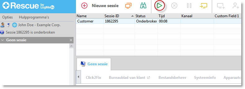 Een Rescue Lens-sessie starten vanuit de Technician Console met een link via een hulpprogramma voor berichten 1. Meld u aan bij de Technician Console. 2. Klik in de sessiewerkbalk op Nieuwe sessie.