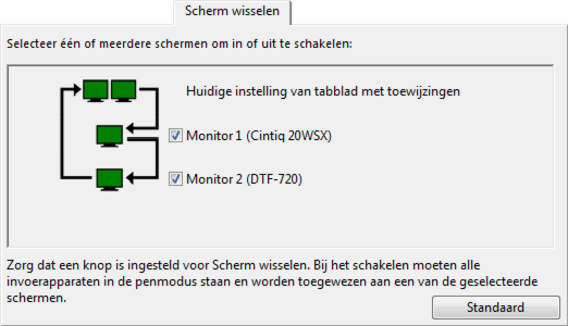 59 Het tabblad SCHERM IN- EN UITSCHAKELEN is automatisch beschikbaar in het regelpaneel van het Wacomtablet wanneer het Intuos4-tablet is geïnstalleerd op een systeem met meerdere beeldschermen.